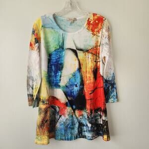 Jess & Jane Top Women S White Multicolor Abstract Tunic Whimsical Artsy Vibrant